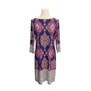 London Style Collection Petites Navy Blue Pink Medallion Paisley Sheath Dress 6P